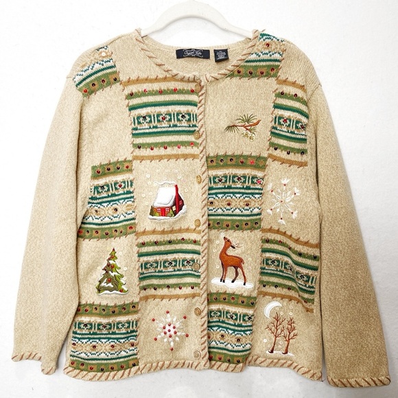 Crystal-Kobe Sweaters - Crystal-Kobe Christmas Button Front Cardigan Sweater Reindeer Sequins Holiday XL